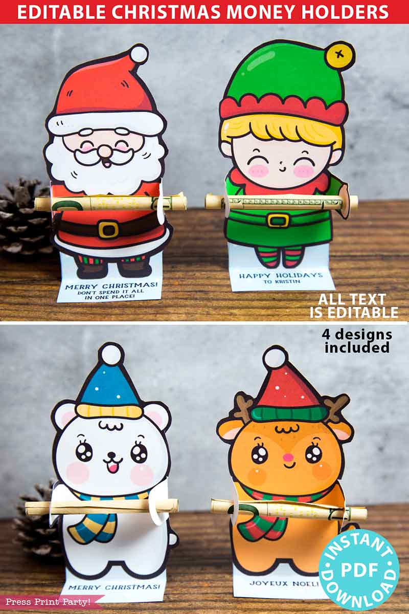 christmas money card, cash gift holder, santa, elf, reindeer, bear